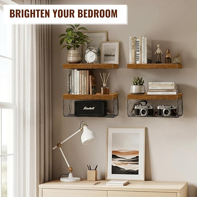 4 Pack Wall Mounted Rustic Wood Floating Shelves with 2 iron Hanging Baskets, Bathroom Shelves Over Toilet, Toilet Paper Storage, Farmhouse Decor Hanging Shelf for Living Room, Kitchen, 16 inch, Brown