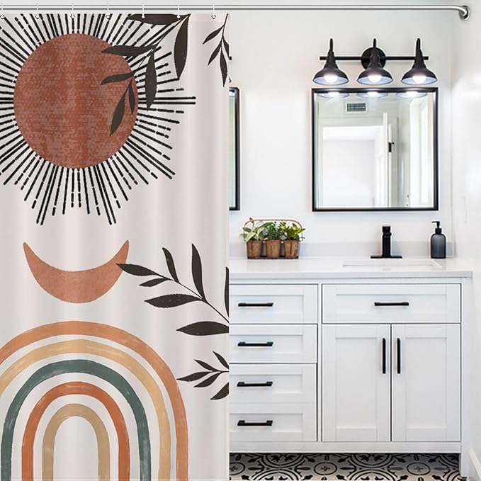 Mid Century Abstract Boho Shower Curtain Orange Vintage Aesthetic Nature Leaf Sun Modern Washable Waterproof Fabric for Bathroom Decor Bathtub with 12 Hooks 66x72in（168x183cm）