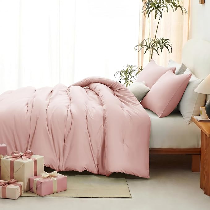 CozyLux Oversized Queen Comforter Set Blush Pink, 3 Pieces 98"x98" Lightweight Down Alternative Quilted Bedding Sets, All Season Breathable Solid Comforter with 2 Pillowcases, Bed Set Gift for Home