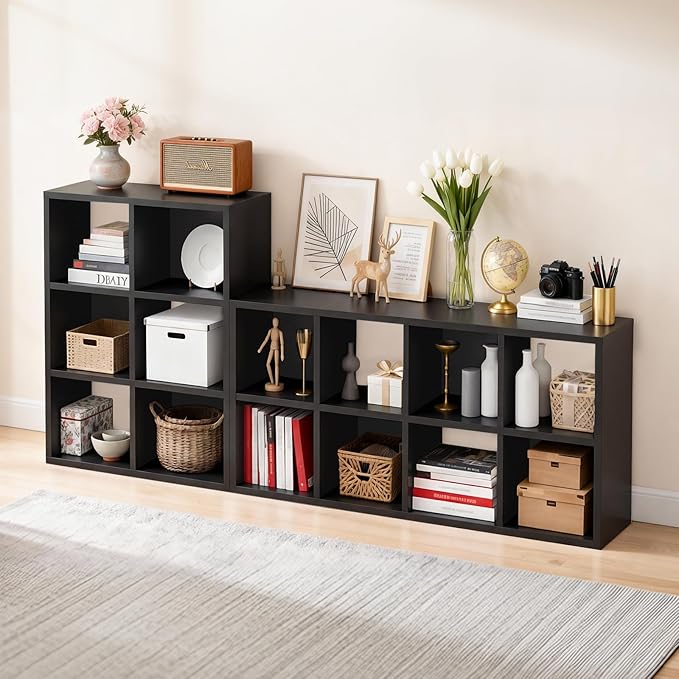 LUCKLIFE 6-Cube Storage Organizer, Stackable Modular Bookcase Shelf with Vertical or Horizontal Use, Fits 11×11" Bins, Optional Back Panels, for Living Room, Office, Black