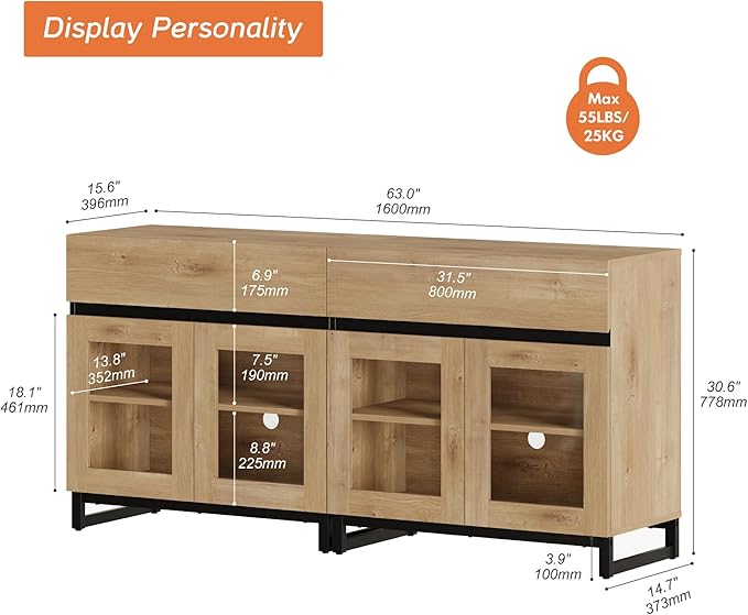 WAMPAT 63'' Multifunctional Sideboard Buffet Cabinets with 4 Glass Doors and and 2 Drawers, Modern Sideboard Credenza, Coffee Bar Storage Cabinet for Living Room, Kitchen, Oak