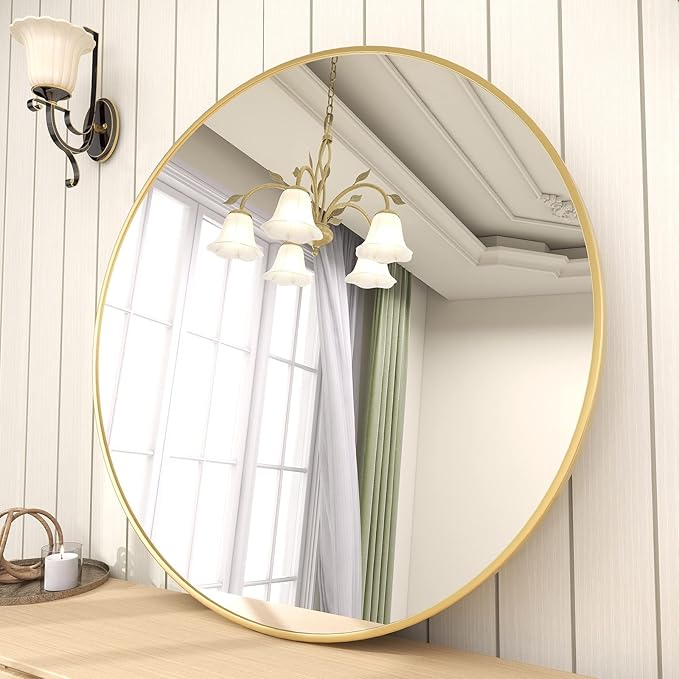 BEAUTYPEAK 28 Inch Round Mirror, Metal Frame Circle Mirror, Wall Mounted for Entryway, Bathroom, Vanity, Living Room, Gold
