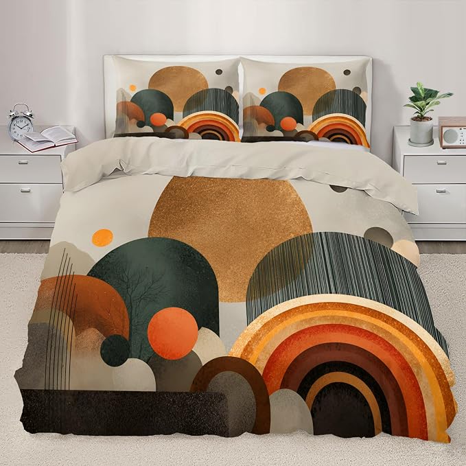 Mid Century Modern Duvet Cover Oversized King, Sun Boho Abstract Bedding Set 3 Piece, Minimalist Geometric Patterned Comforter Cover with Zipper Soft Microfiber, 2 Pillowcases