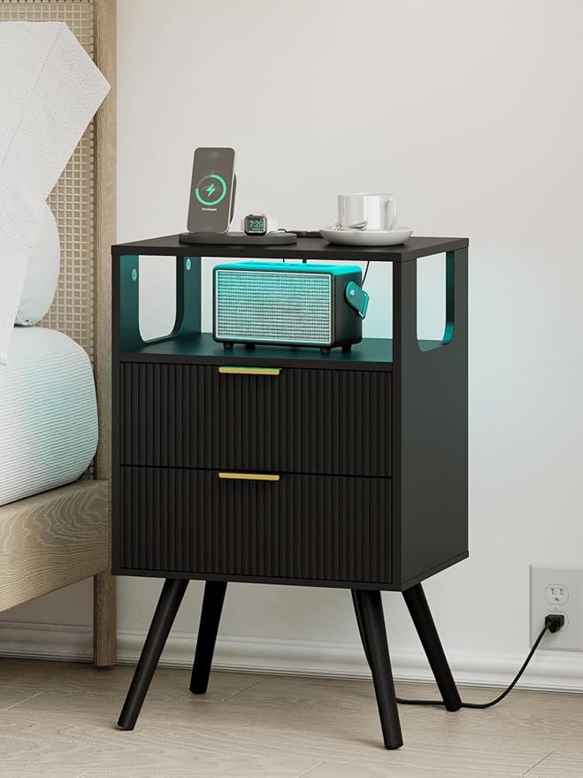 Nightstand with Charging Station and LED Lights, Modern Bedside Table with 2 Storage Drawer and Open Wood Shelf for Bedroom and Small Spaces, Night Stand with Solid Wood Legs