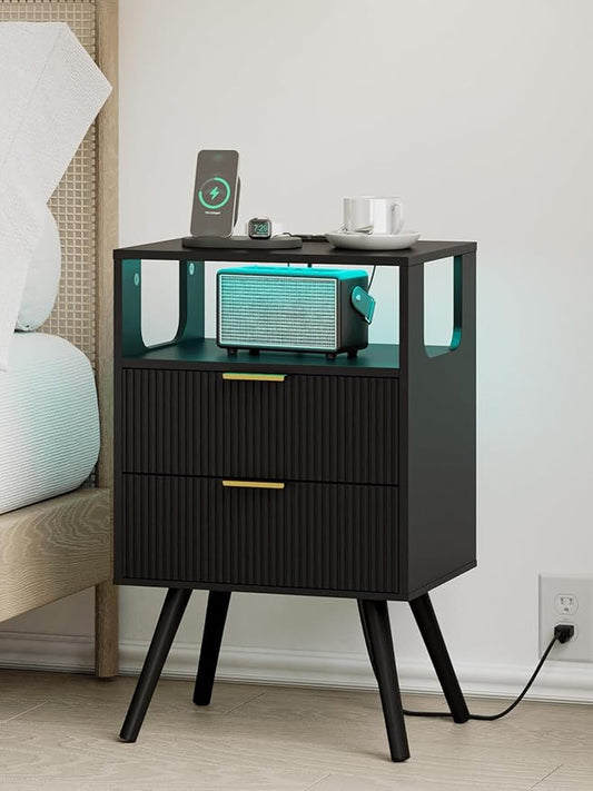 Nightstand with Charging Station and LED Lights, Modern Bedside Table with 2 Storage Drawer and Open Wood Shelf for Bedroom and Small Spaces, Night Stand with Solid Wood Legs