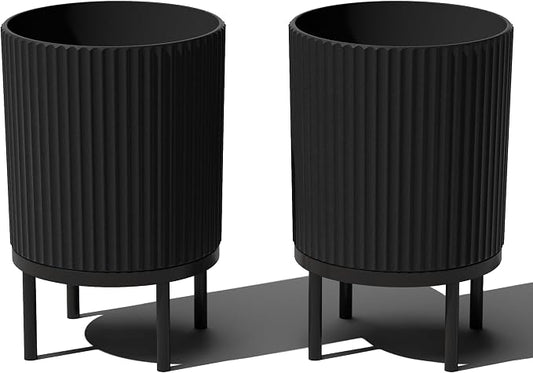 Veradek Demi Series Round Planter w/Stand for Porch/Patio | Durable Plastic-Stone Composite & Wooden Stand | Modern Décor for Tall Plants, Flowers