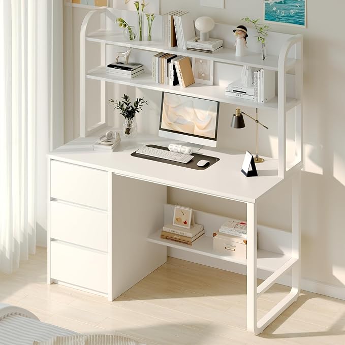 MaverickFurni White Desk with Hutch, 47 Inch Computer Desk with 3 Drawers for Bedroom, Study Writing Desk with Shelves for Small Spaces, Adjustable Feet