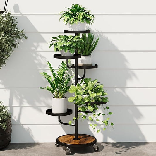 Bamworld Tall Plant Stand Indoor Outdoor Metal Plant Stands with Wheels 5 Tiered Corner Plant Holder Heavy Duty Flower Stand for Multiple Pots Planter Stand for Patio Balcony Living Room (Black)