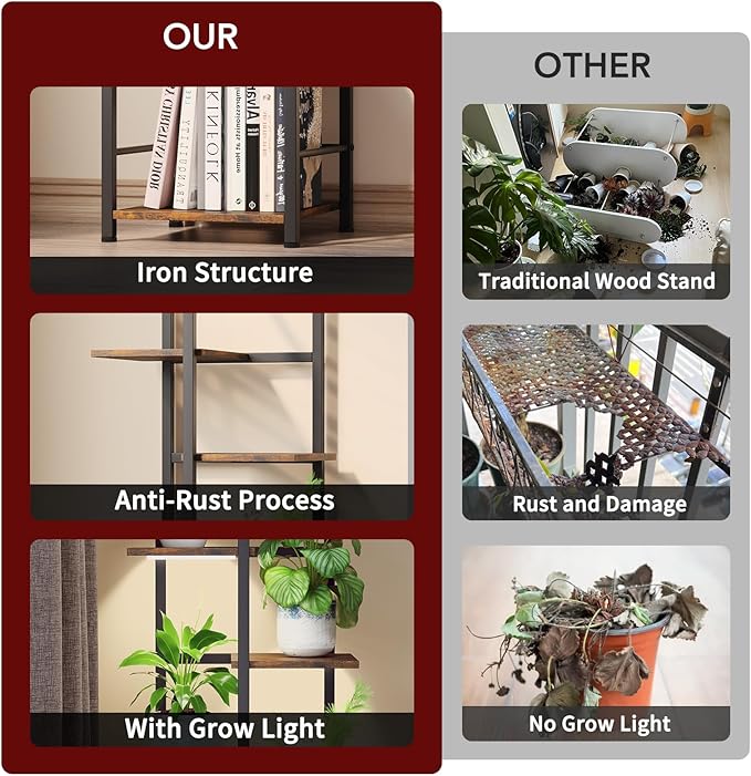Plant Stand Indoor with Grow Light, 7-Tiered Tall Plant Stand Indoor, Metal Plant Shelf with Bookshelf Bookcase and Adjustable Light, Ideal for Living Room, Reading room, Garden, Patio (Brown)