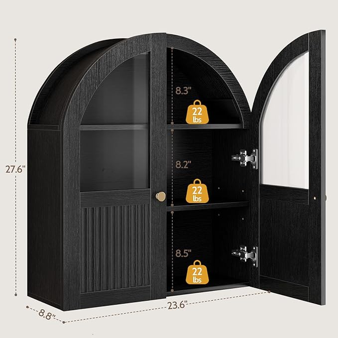 Arched Bathroom Wall Cabinet, 24 x 28 Inch Over The Toilet Storage Cabinet with Glass Door, Fluted, Adjustable Shelf, Wall Mounted Floating Wooden Medicine Cabinets for Bathroom Laundry Room, Black