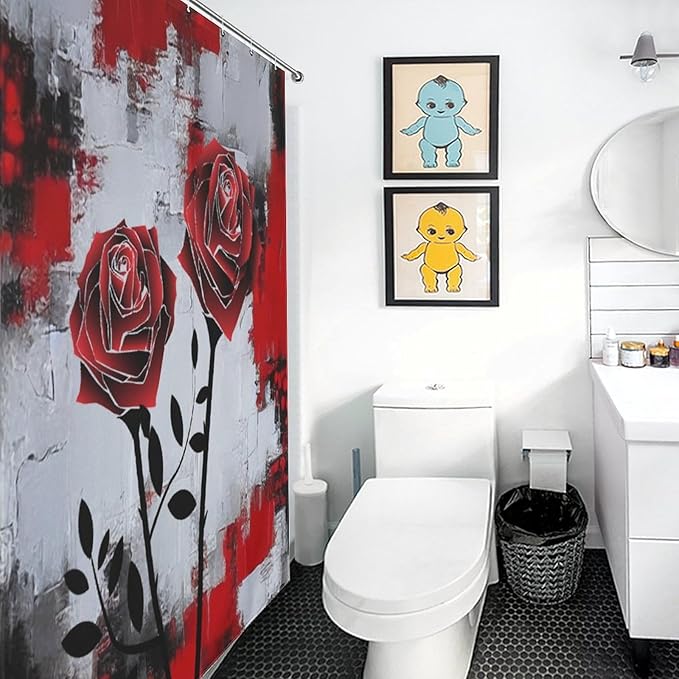 Red Rose Abstract Shower Curtain Nature Red Rose Floral Valentine's Day Artistic Waterproof Shower Curtains for Bathroom Decor 12 Pack Hooks 72x72in (183x183cm)