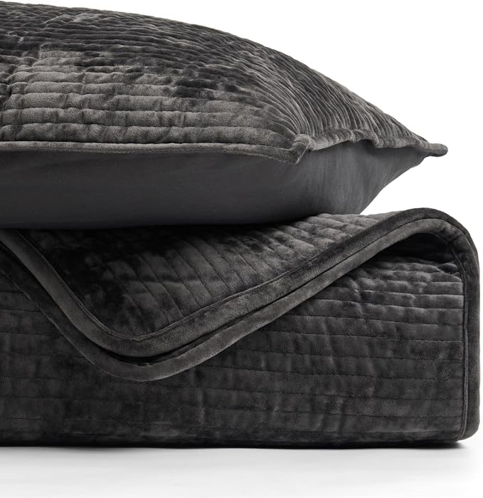 EverGrace Velvet Quilt Set King Size, Luxurious Soft Quilted Bedding Sets, Lightweight Velvet Comforter for All Season, Striped Channel Bedspread Coverlet with 2 Shams, Washed Black