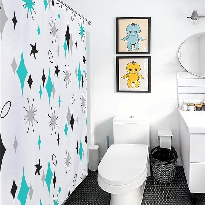 Mid Century Modern Shower Curtain for Bathroom, Abstract Geometric Teal Gray Atomic Iconic Retro 1950s 1960s Vintage Rustic Waterproof Fabric Shower Curtain Set with Hooks, 72"x72"