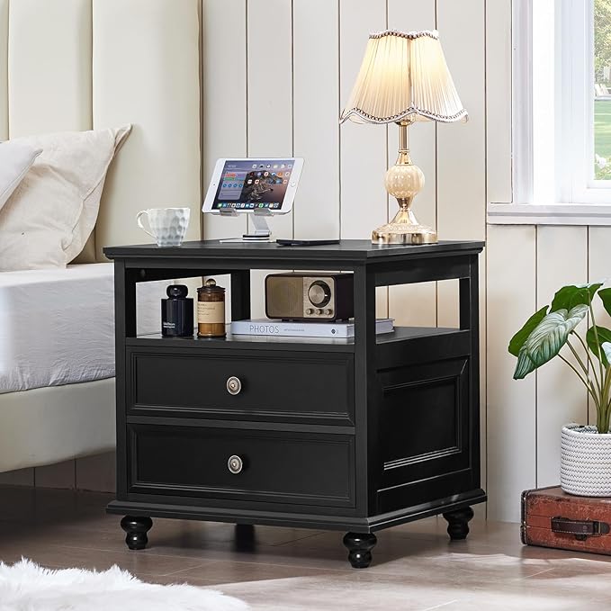 24" Wide Farmhouse Night Stand Set of 2,Large End Table with 2 Drawers & Metal Handle,Black Wood Dresser for Bedroom, Bed Side Table Chest of Drawers Cabinet, Nightstand for Living Room,Closet