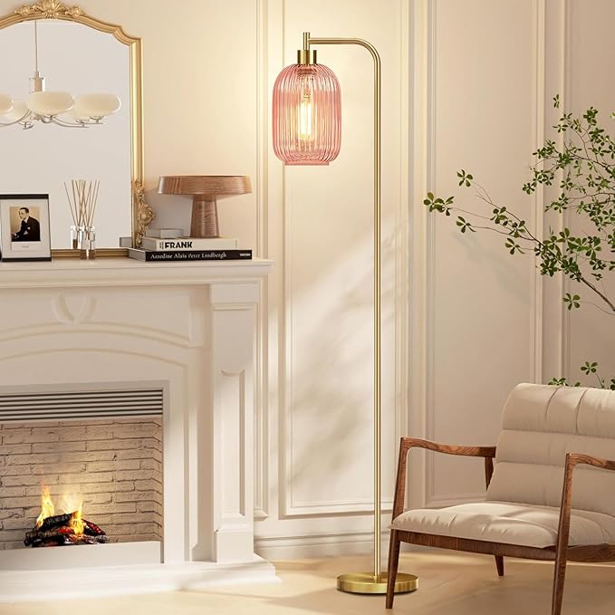 Pink Floor Lamp for Living Room,Bedroom,Gold Dimmable Standing Lamp with Remote,Mid Century Modern Brass Tall Lamp Retro Vintage Glass Lamp Floor Light Boho Bohemian