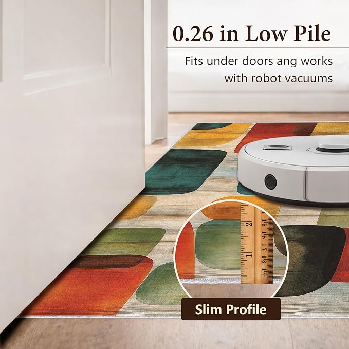 Mid-Century Geometric Area Rug 7x10 ft, Retro Color Block Abstract Statement Rug, Low Pile Non-Slip Washable Indoor Rug for Living Room Bedroom