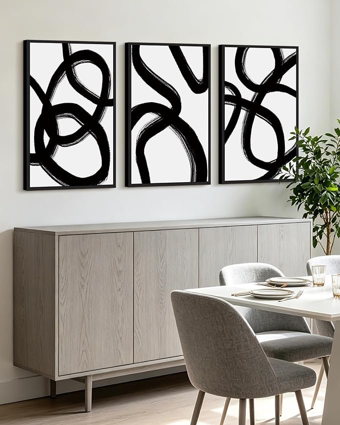 KUVIOKE Black and White Abstract Framed Wall Art Ink Wash Minimalist Lines Painting Artwork for Bedroom Hallway 16x24in (Black Framed)