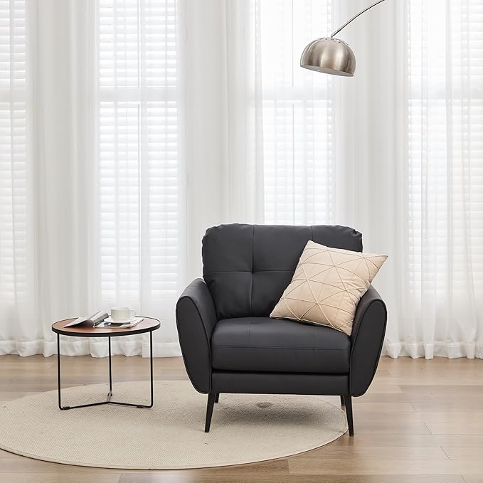 TYBOATLE Accent Chair Comfy Modern Living Room Chair Black Leather Reading Accent Chairs Tufted Mid Century Moden Arm Chair Small Salon Chair for Office Bedroom (1, Black)