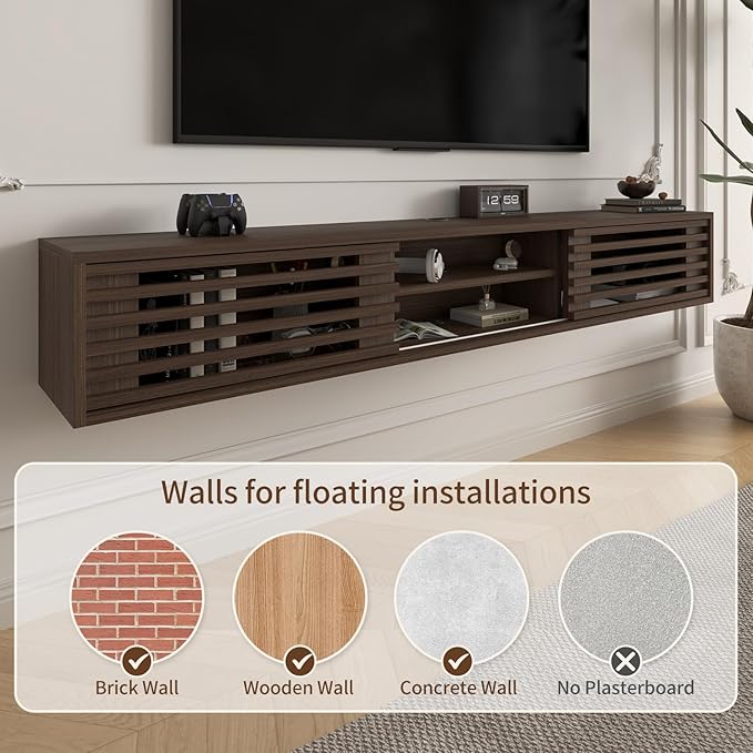 47" Floating TV Stand with Slatted Sliding Doors, Mid-Century Modern Wall Mounted Entertainment Center, Walnut Media Floating tv Console for 65 TV, Space-Saving Cable Management