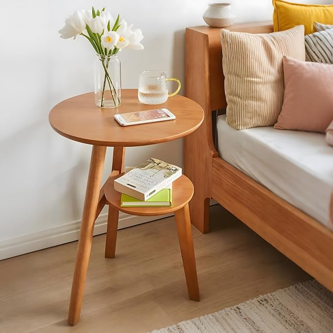 Side Table, Small Round End Table with 2-Tier Shelf, Solid Wood Nightstand for Small Spaces, Mid Century Modern Accent Table for Living Room Bedroom, Natural