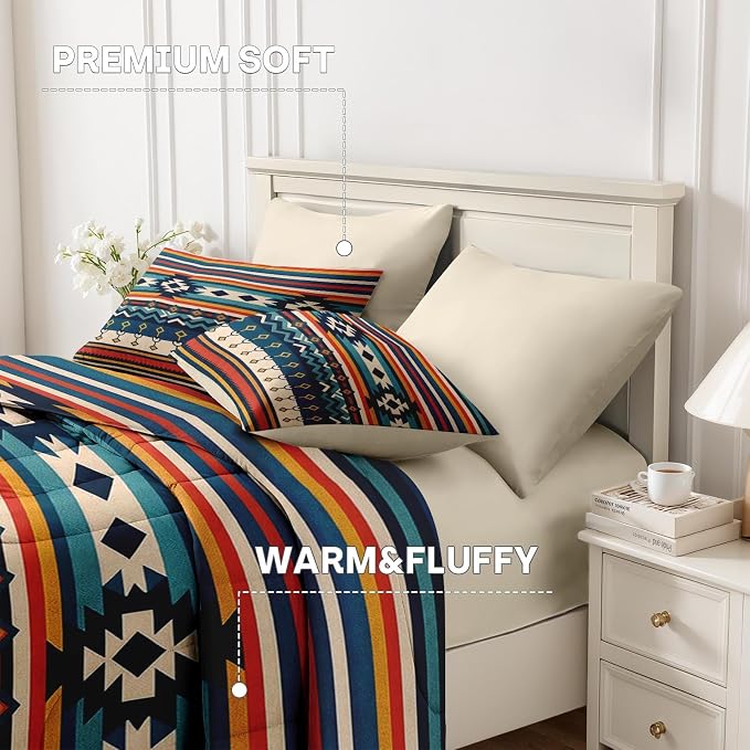 Nesker Comforter Set Full Size, Southwest Aztec Geometric 7 Pcs Bedding for Kids and Adults, Bohemian Vintage Bed Sheet Sets with Fitted Sheet 2 Pillowcases & 2 Shams