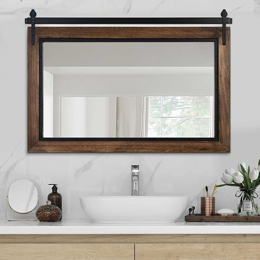 YOSHOOT Farmhouse Barn Door Mirror, 40"x26" Rustic Bathroom Mirrors, Wood Frame Wall Mounted-Mirror, for Living Room Bedroom Entryway Wall Décor, Horizontal Hanging ONLY