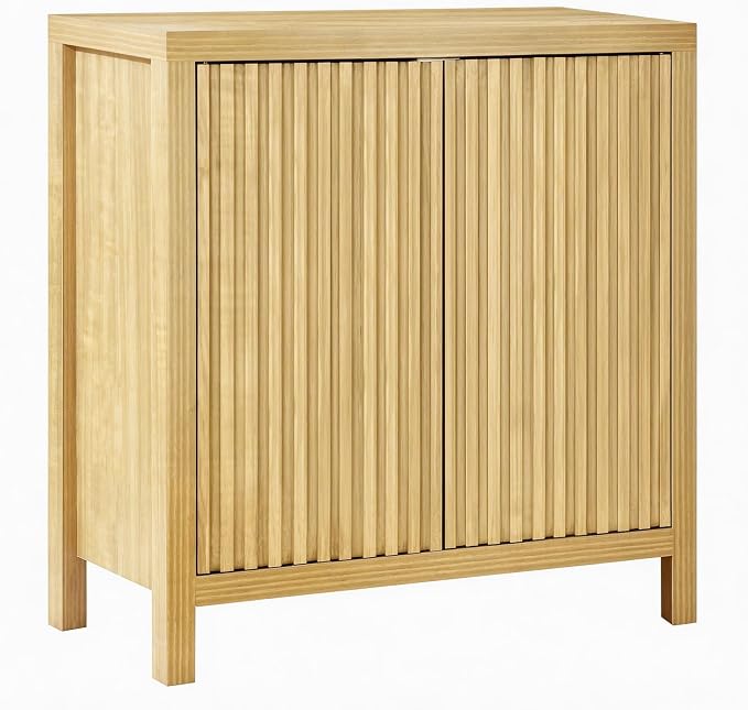 ZYBT Fluted Sideboard Buffet Cabinet, Mid Century Modern Accent Cabinet with 2 Doors and Adjustable Shelf, Storage Cupboard Credenza Console Table for Living Kitchen Dining Room Hallway (Oak)