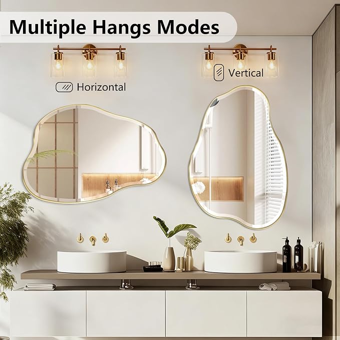 POZINO Irregular Beveled Mirror, 42"x28" Asymmetrical Vanity Wall Mirror with Gold Metal Frame, Organic Shape Mirrors for Entryway Bathroom Living Room Bedroom, Horizontal/Vertical Hanging