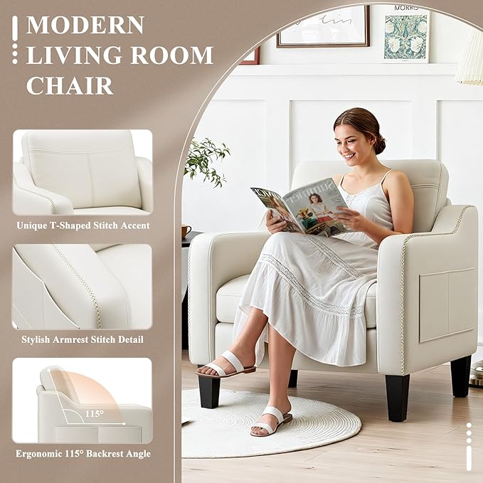 MALOL PU Leather Accent Chair, Mid-Century Modern Living Room Armchair Sofa with Removable Cushions, Solid Wood Frame & Stitched Armrest Design, Bedroom Chair with Plastic Legs, Beige