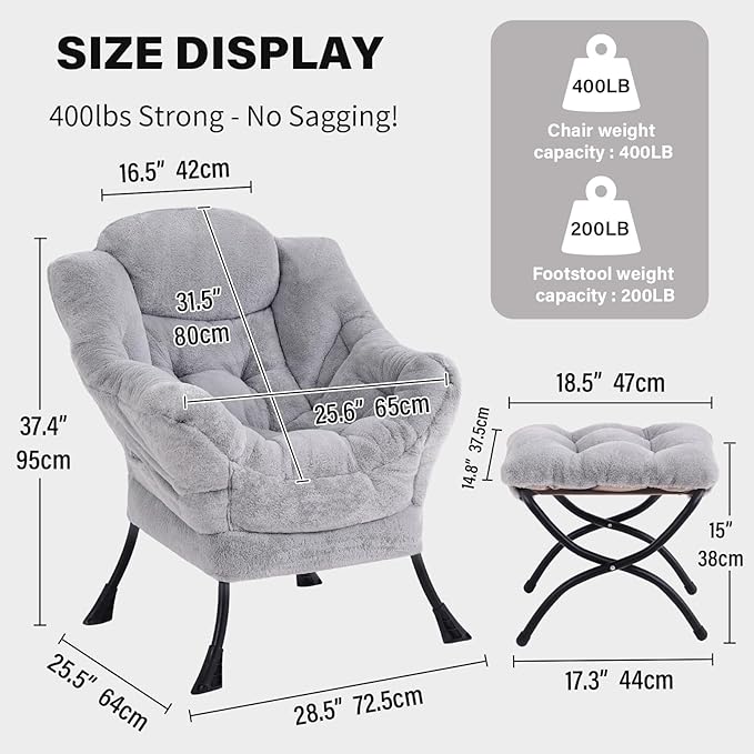 Tiita Lazy Chair with Ottoman, Light Grey Modern Large Accent Armchair, Comfy Leisure Sofa Reading Chair with Footrest for Bedroom, Living Room, Dorm Rooms, Garden, Plush Light Grey