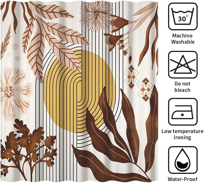 Mid Century Boho Shower Curtain for Bathroom Brown Leaves Orange Sun Arch Stripes Floral Shower Curtains Vintage Abstract Bathroom Set Decor Washable Waterproof Polyester Fabric with Hooks 36x72 Inch