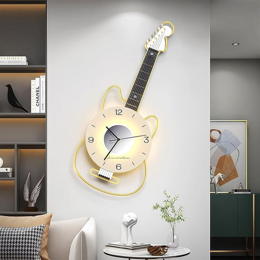 Modern Wall Clock for Living Room, Guitar Wall Clock with Adjustable Light, Great Decor for Music Room, Bedroom