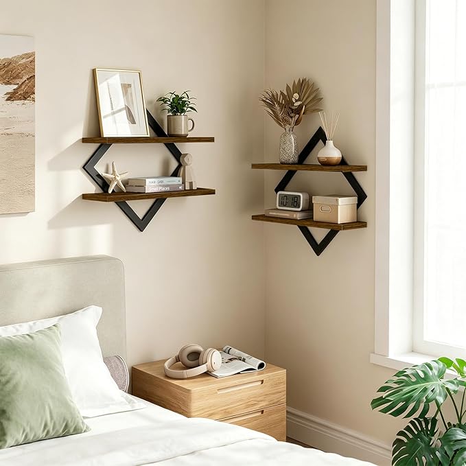 Geometric Floating Shelves Set of 2, Rustic Wall Shelves for Bedroom, Living Room & Apartment Decor, Wood & Metal Farmhouse Display Shelf for Plants, Picture Frames & Small Decor, 15 Inch