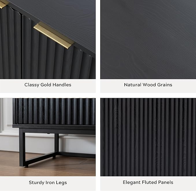 Fluted Storage Cabinet Sideboard Buffet Cabinet, Modern Accent Cabinets with Adjustable Shelves, Credenza Console Table Entryway Cabinets for Living Dining Room, Black