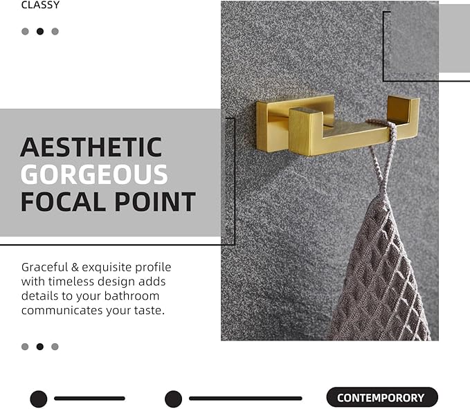 Angle Simple Towel Hook for Bathroom, SUS 304 Stainless Steel Hand Towel Holder, Double Robe Coat Hook for Wall, Brushed Dark Gold
