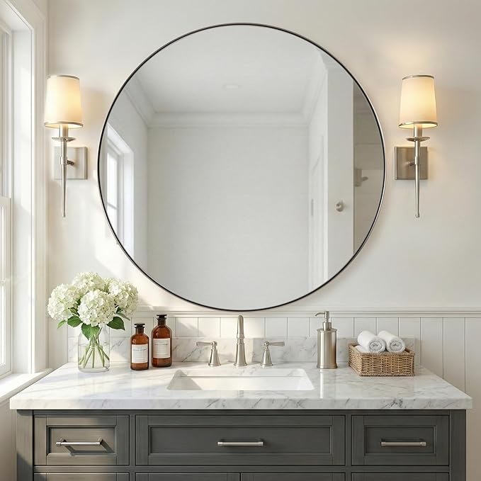 ANDY STAR Circle Mirror, Large Round Brushed Nickel Bathroom Mirror, Silver Round Vanity Mirror, Seamless Thin Metal Frame, 1" Deep Wall Mounted, Perfect for Oversized Space