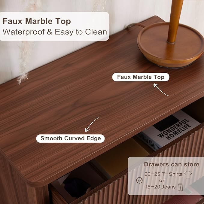 Fluted 5 Drawers Dresser for Bedroom, 47" Tall Handleless Chest of Drawers with Faux Marble Top, Curved Profile, Wooden Drawer Organizer for Living Room, Hallway, Entryway, Walnut