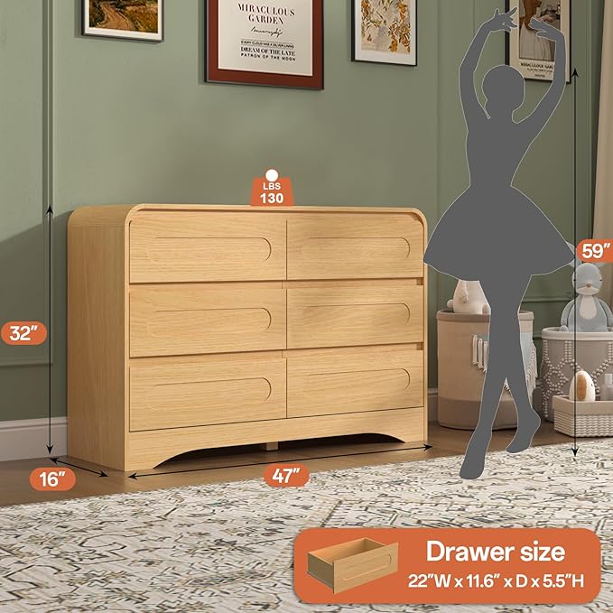 Dresser for Bedroom with Pre-Installed Slides, 6 Drawer Modern Wood Chest of Drawers, 47" Wide Storage Dresser for Bedroom or Hallway, Natural Oak