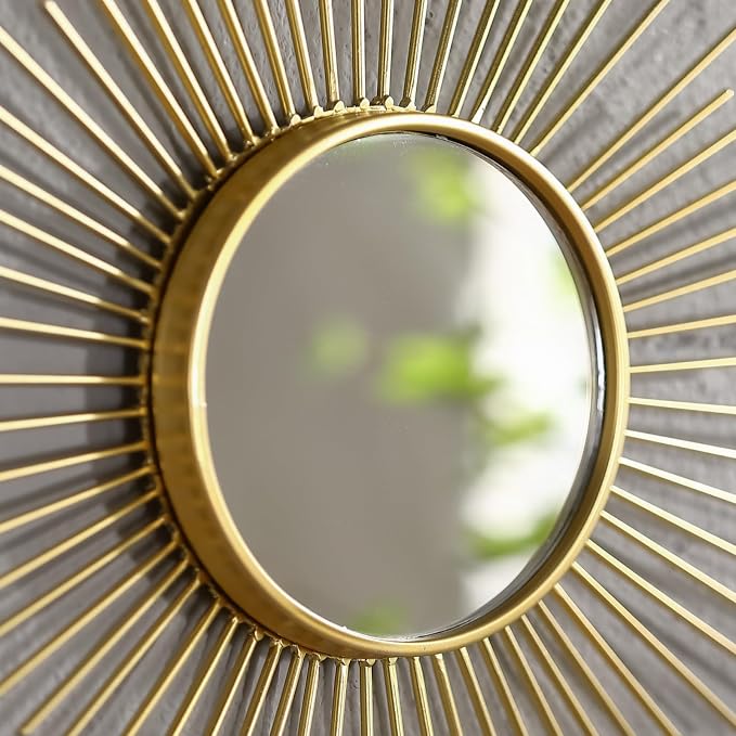 24'' Large Gold Sunburst Mirror, Metal Starburst Mirrors, Mid-Century Modern Sun Mirror Wall Decor for Living Room, Bedroom, Bathroom, Hallway, and Entryway
