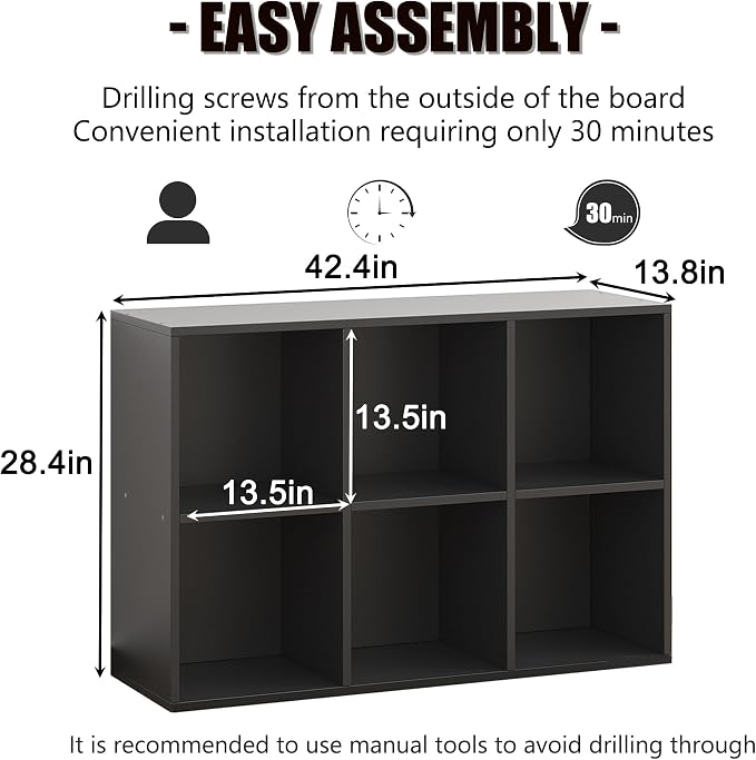 Wooden 6 Cube Storage Organizer with Closed Back Panel,White Cube Shelf Cubby Storage Organizer with Compartments for Living,Bookshelf, Easy to Install (Black, 6 Cube-13in)