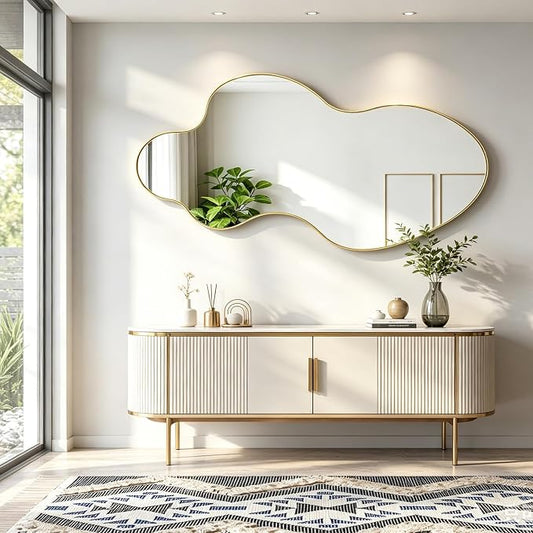Large Irregular Wall Mirror, 60"x30" Asymmetrical Decorative Accent Mirror with Gold Metal Frame, Organic Shape Mirrors for Entryway Bedroom Living Room, Horizontal or Vertical Hanging