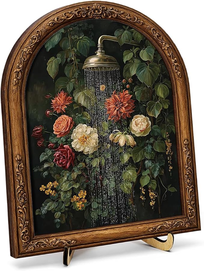 Vintage Floral Shower Table Decor Sign Framed, Vintage Botanical Flower Wall Art Sign, Nature Inspired Bathroom Wall Decor for Wall Home Living Room 8x10 Inch