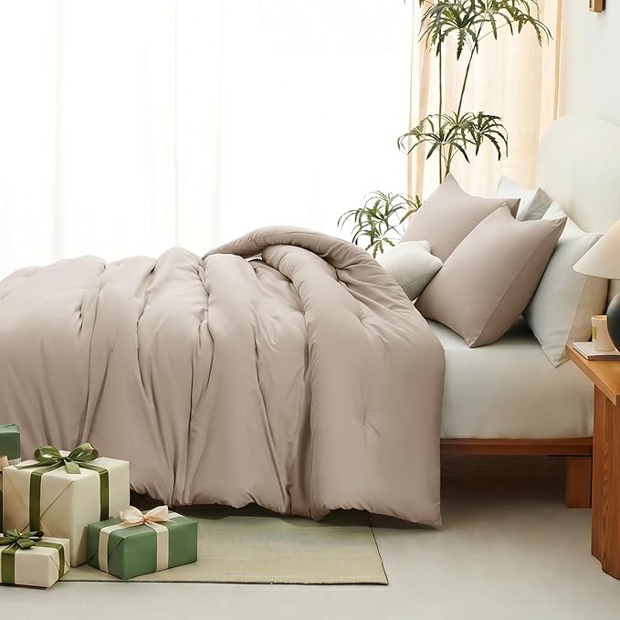 CozyLux Full Size Comforter Set Wheat, 3 Pieces Lightweight Down Alternative Quilted Bedding Sets, All Season Soft Breathable Solid Comforter with 2 Pillowcases, Luxury Bed Set Gift for Home