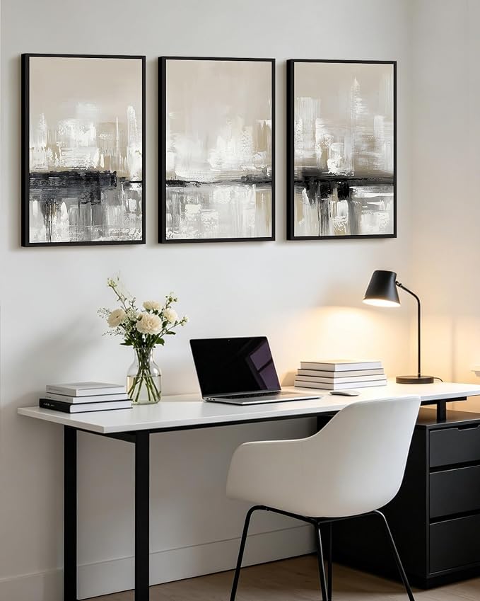 KUVIOKE Abstract Gray Framed Wall Art Neutral Brown Artwork Painting Morden Minimalist Wall Decor Rustic Home Decor 16x24in (Black Framed)