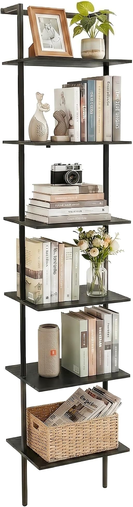 6-Tier Ladder Shelf, 77 Inches Wall Mounted Ladder Bookshelf with Metal Frame, Wood Tall Open Storage Rack and Display Shelves for Home Office Bedroom Living Room, Black