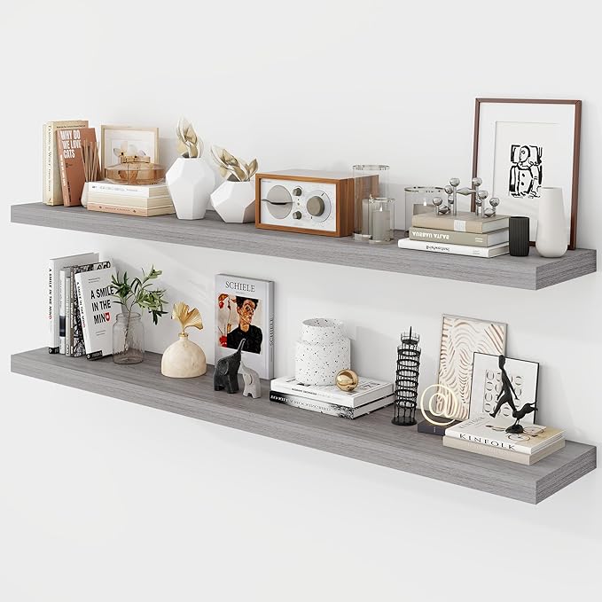 55 Inch Floating Shelves, 9.3" Deep Floating Shelf Wall Mounted, 56" Wall Shelves, Rustic Deep Bookshelf, Large Display Shelves & Storage Shelves for Bedroom, Living Room, Grey, Set of 2
