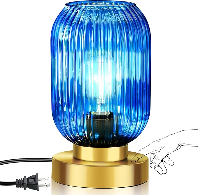 Mid Century Modern Table Lamp with Blue Ribbed Glass Shade, Touch Control & 3 Way Dimmable, Small Gold, Vintage Bedside Lamp for Bedroom, Living Room, Office (Bulb Included)