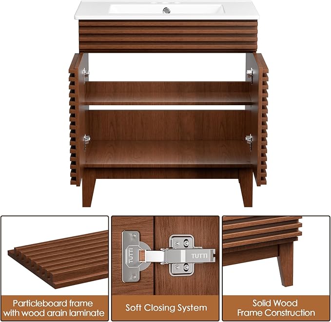 ROOMTEC 30" Bathroom Vanity with Sink, Mid-Century Freestanding Bathroom Vanity Sink with Storage, Undermount Ceramic Sink, Particleboard Frame with Wood Grain Laminate, Walnut
