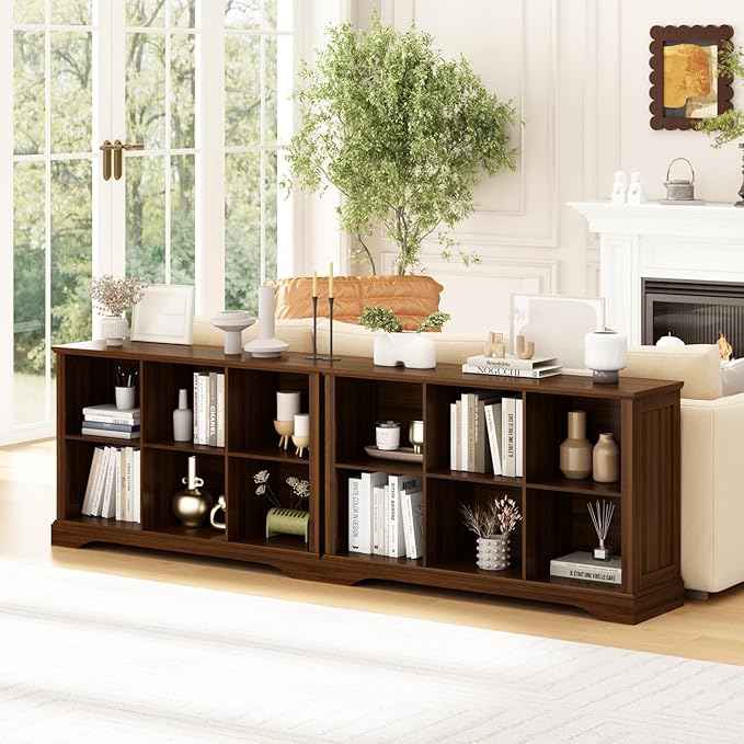 6 Cube Storage Organizer - 47.4" Farmhouse Wood Low Bookshelf, 3 Tier Horizontal Open Shelf Bookcase Cubby Storage Console Cabinet for Living Room, Entryway, Office, Walnut