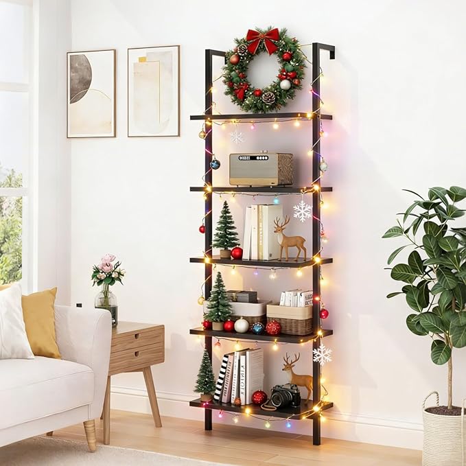 Karl home Ladder Shelf 5 Tier Wall Mounted Bookcase with Metal Frame, Open Design Shelves for Living Room, Bedroom, Home, Dark Walnut (23.62" L x 11.81" W x 70.87" H)